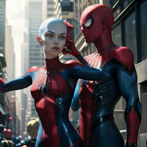two women in spider - man suits are standing in the street in a city setting with tall buildings and skyscrapers