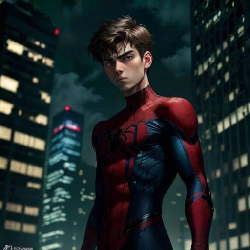 a man in a spider suit standing in front of a city at night with a skyscraper in the background