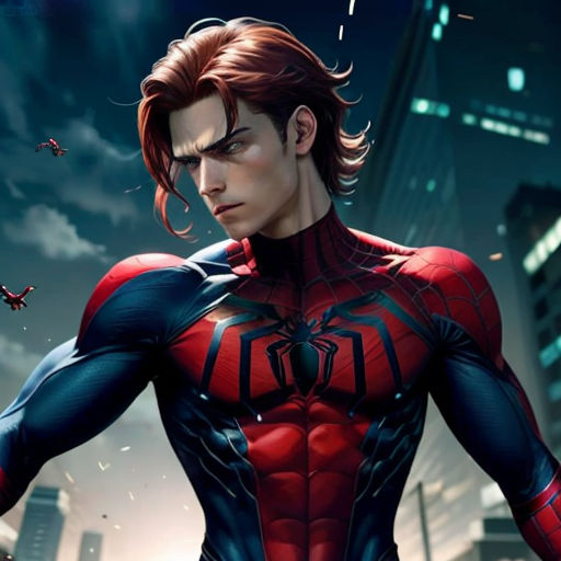 a man in a spider suit standing in front of a cityscape with a spider - man on his chest