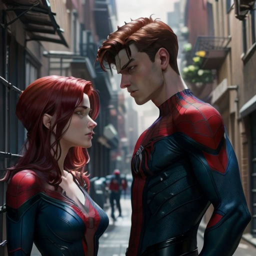 a man and woman in spider - man suits standing next to each other on a city street, looking at each other