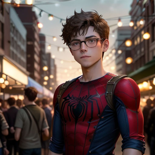 a man in a spider - man suit is standing in a crowded street with people walking around him and lights strung overhead