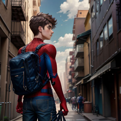 a man with a backpack and a spider - man suit on walking down a street in a city with buildings