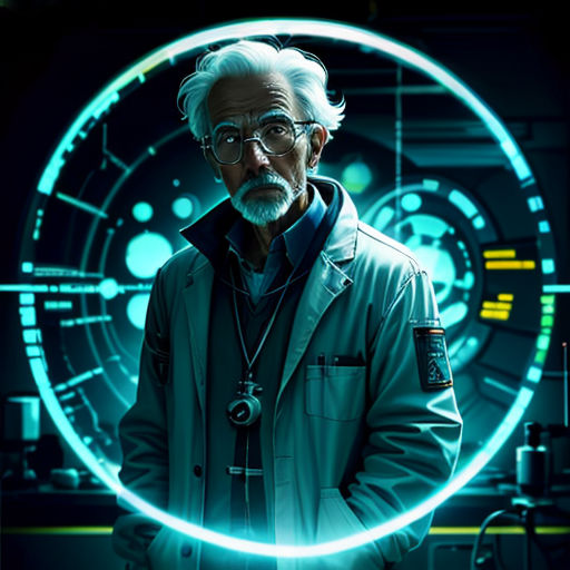 a man in a lab coat standing in front of a circular object with a light on it's face