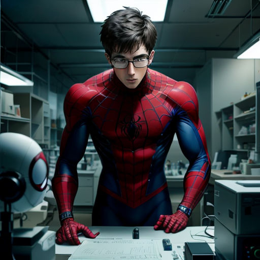 a man in a spider suit standing in a room with a computer and a monitor on it's desk
