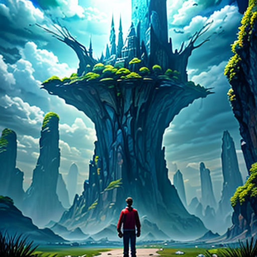 a man standing in front of a castle surrounded by trees and mountains with a sky background and clouds in the sky