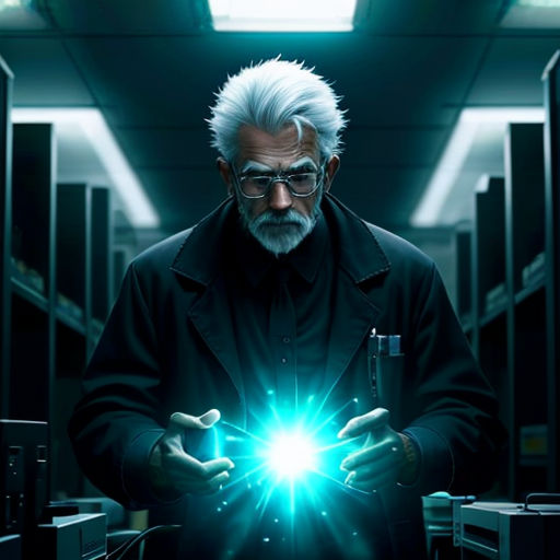 a man holding a glowing ball in his hands in a dark room with many servers and a skylight