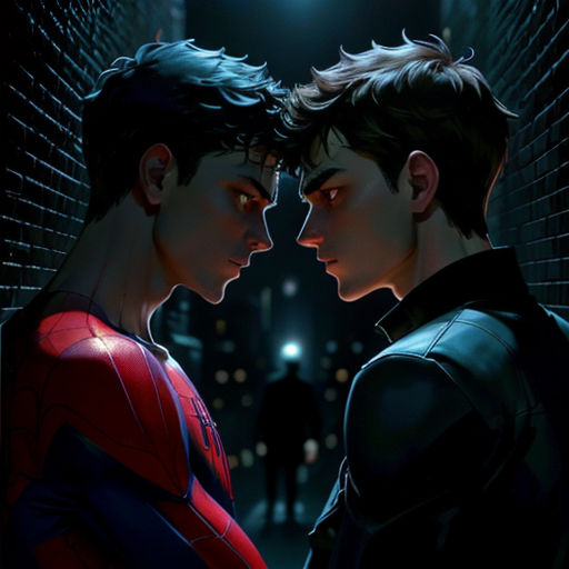 two men standing next to each other in a dark alley with a city light in the background and a spider man standing next to them