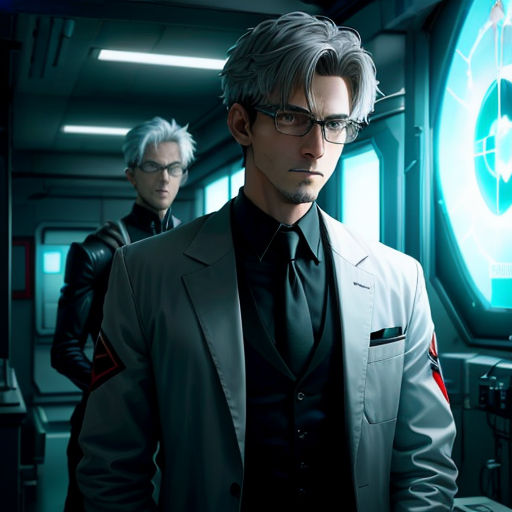 a man in a suit and glasses standing in front of a clock with another man in the background in a sci - fi setting