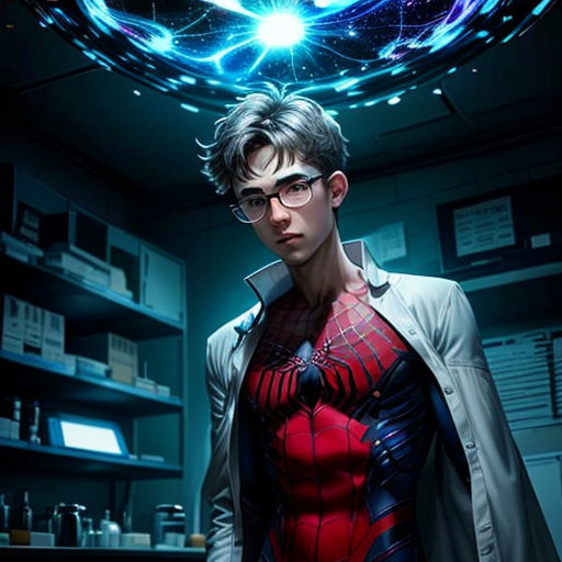 a man in a suit and glasses standing in a room with a spider man on the ceiling and a futuristic light above him