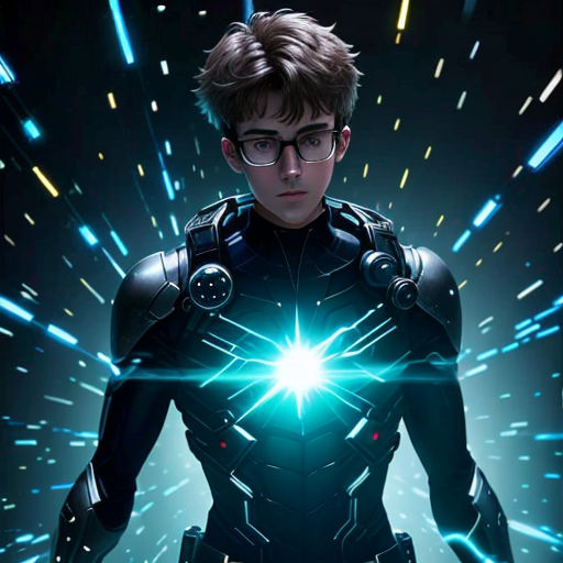 a man in a sci - fidget suit with a glowing light coming out of his chest and hands