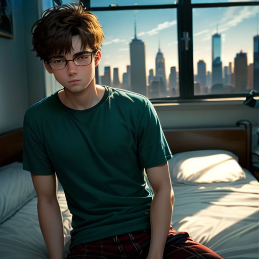 a man sitting on a bed in a room with a city view in the background and a window in the foreground