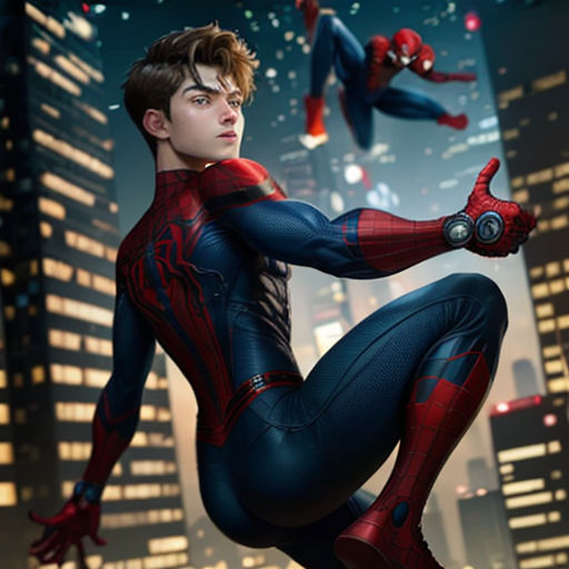 a man in a spider suit is flying through the air with his hands out and his legs out,