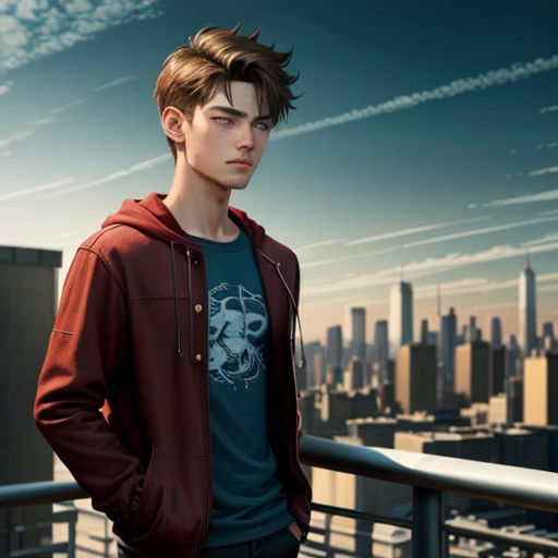 a young man standing on a balcony with a city in the background and a blue sky in the background