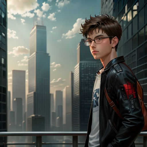 a young man in a leather jacket standing in front of a cityscape with skyscrapers in the background