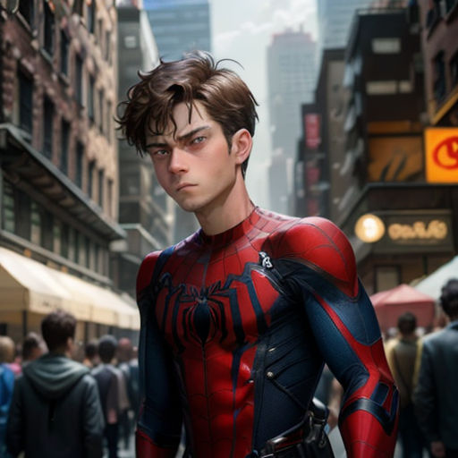 a man in a spider - man suit is standing in the middle of a crowded street with people walking around