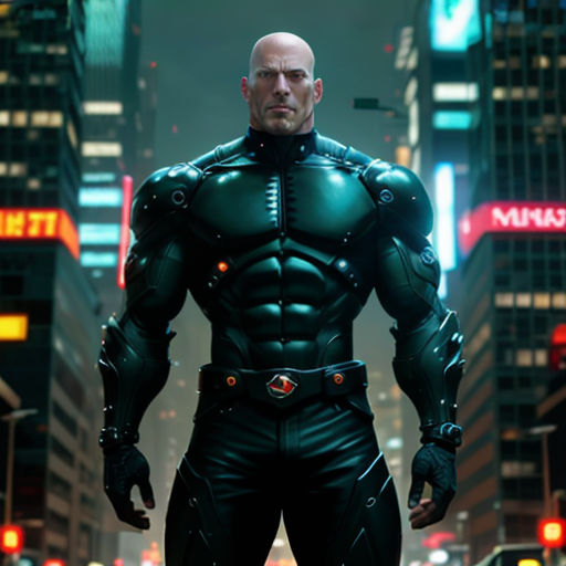 a man in a futuristic suit standing in the middle of a city at night with a neon background and a cityscape