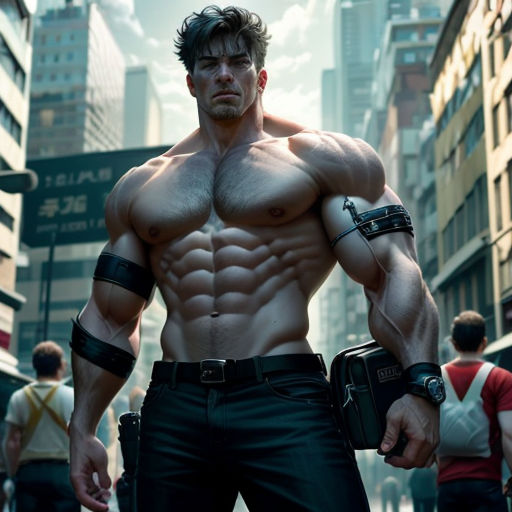 a man with a muscular body and a gun in a city street with other people walking around him and a man with a gun in his hand
