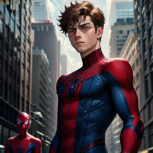 a man in a spider - man suit standing in a city street with other people in the background,
