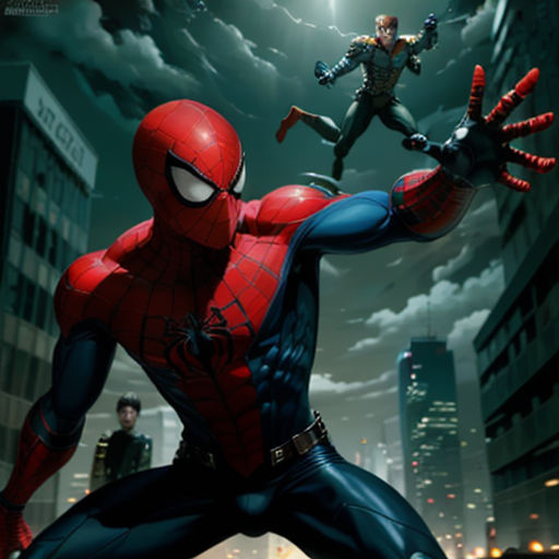 a spider - man and a man in a city with a sky background and a cityscape in the background