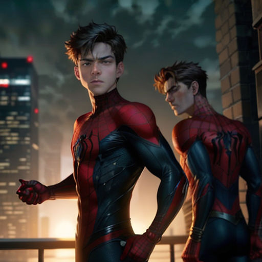 two men in spider - man suits standing next to each other in a city at night time, with the city lights in the background