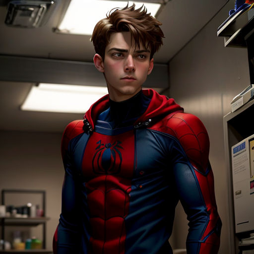 a man in a red and blue suit standing in a room with a microwave and a microwave oven in the background