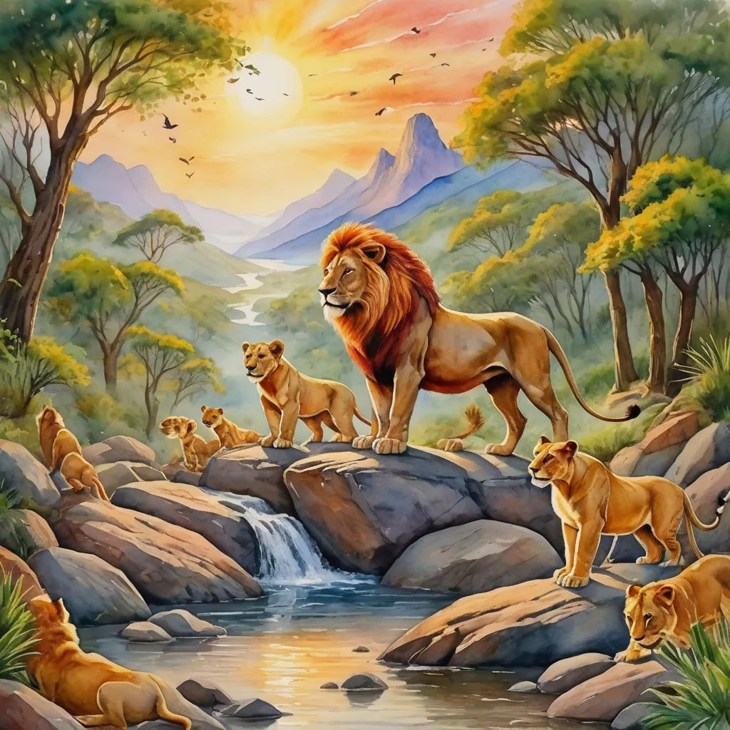 a painting of lions on a rock with a waterfall in the background and birds flying around the scene,, furry art, a fine art painting, Chris LaBrooy, official art