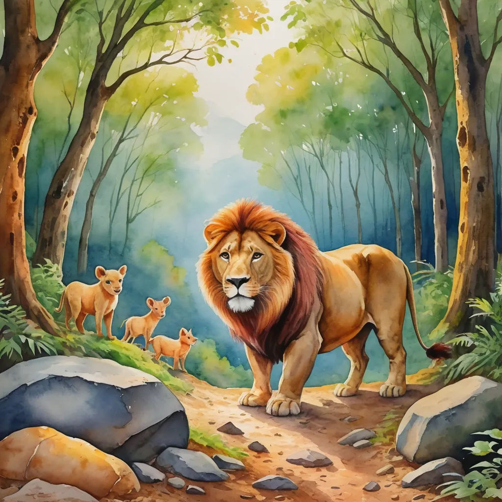 a painting of a lion and its cubs in a forest with rocks and trees on the ground and a stream of water running through the middle, american scene painting, a storybook illustration, Brothers Hildebrandt, official art