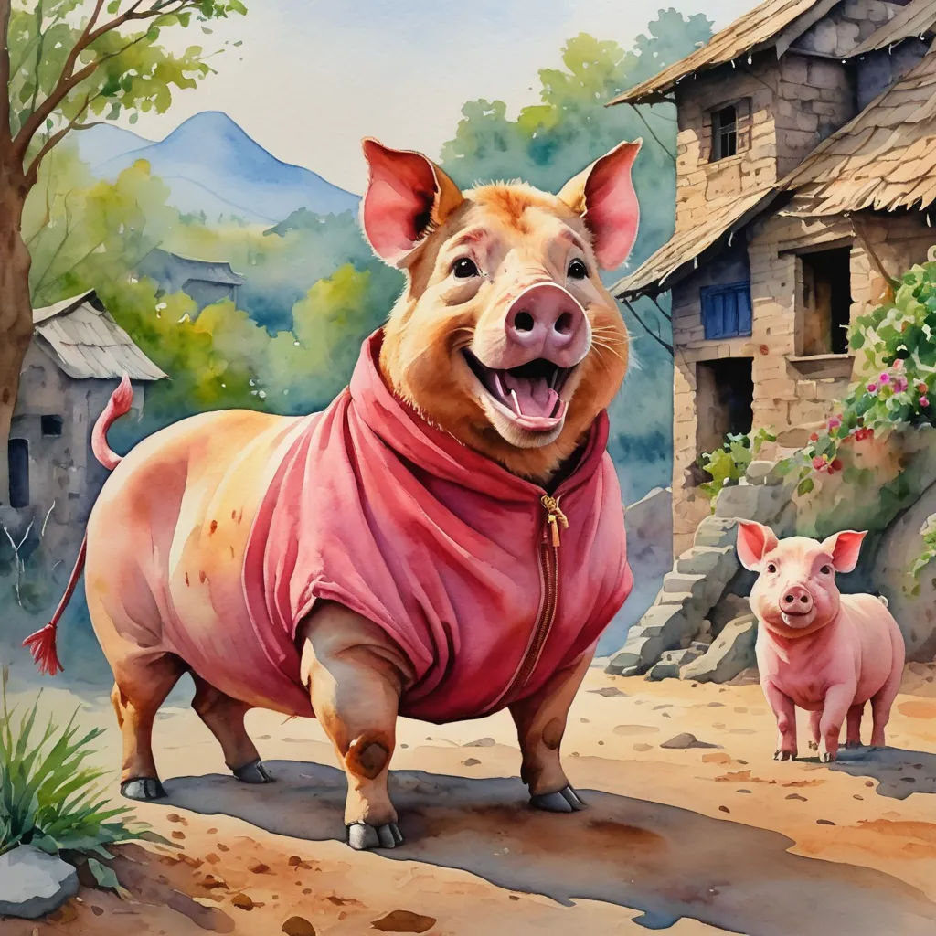 a pig and a pig pig are standing in the dirt near a house and a pig is standing in the dirt, fantastic realism, a storybook illustration, David Young Cameron, in gouache detailed paintings