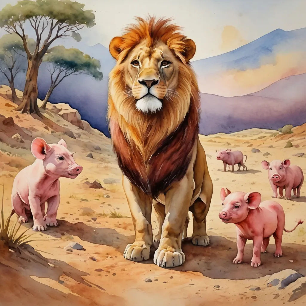 a painting of a lion and five pigs in a desert landscape with mountains in the background and a sky with clouds, massurrealism, a storybook illustration, David Young Cameron, official art