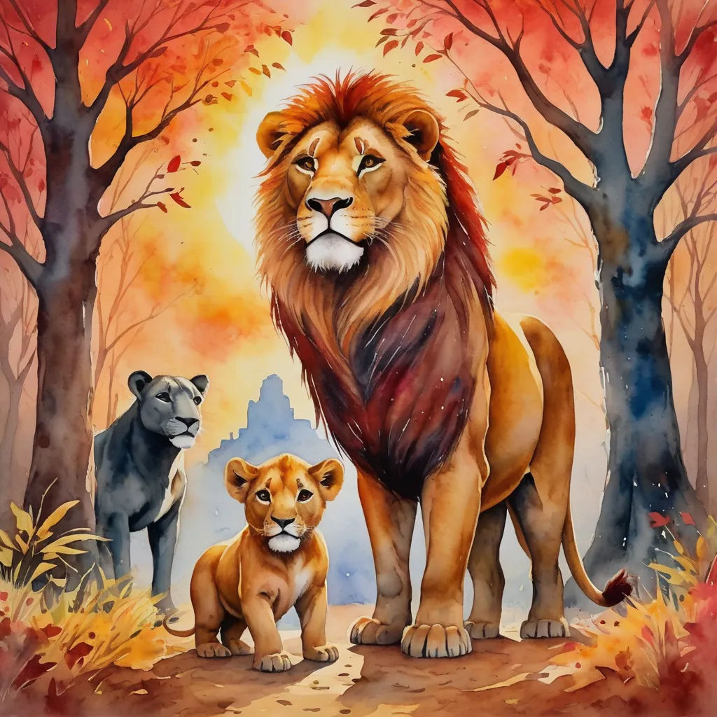a painting of a lion and two cubs in a forest with trees and leaves in the background, with a red sky, lyco art, an airbrush painting, Anne Stokes, trending on art station