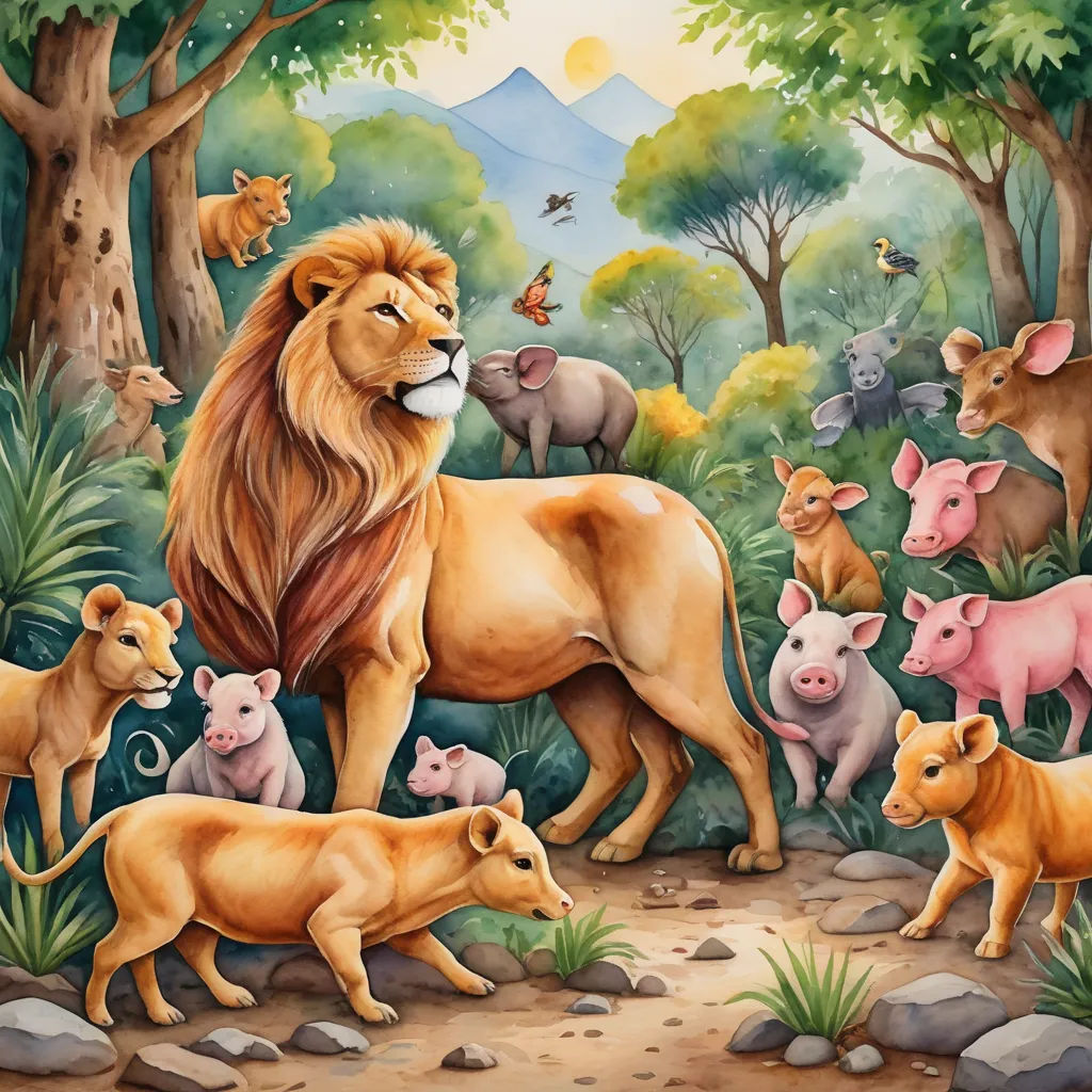 a painting of a lion surrounded by other animals in a forest area with a mountain in the background and a few trees, primitivism, a storybook illustration, David Young Cameron, storybook illustration