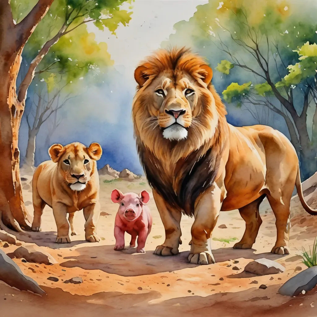 a painting of a lion and two pigs in a forest with trees and rocks, and a man with a beard, massurrealism, a storybook illustration, David Young Cameron, official art