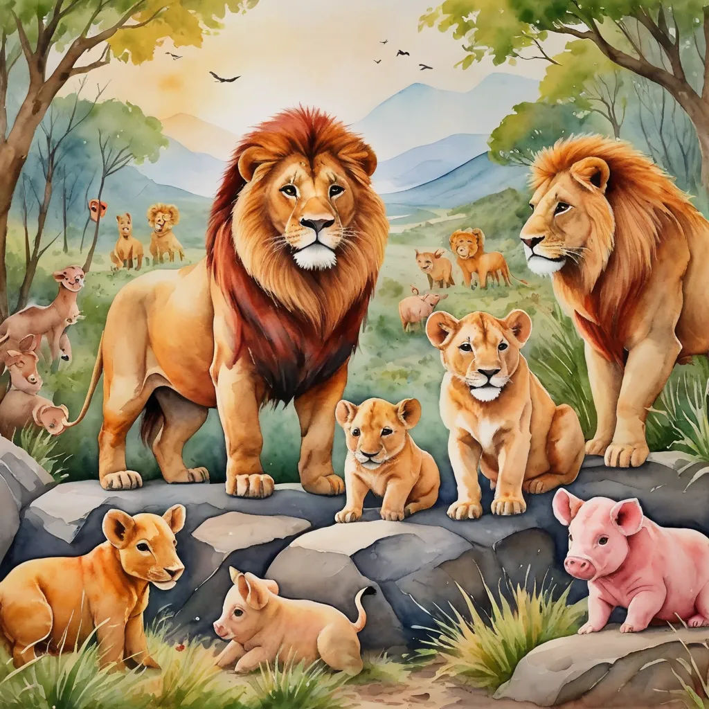 a painting of lions and other animals on a rock wall with a mountain background and trees in the background, furry art, a storybook illustration, David Young Cameron, official art