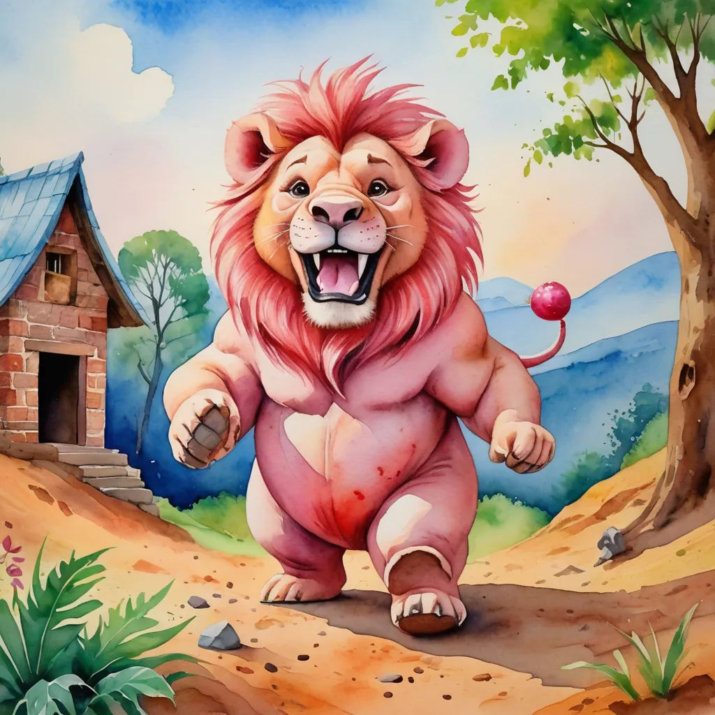 a painting of a lion with a ball in its mouth and a house in the background with a tree, pop surrealism, a watercolor painting, Chris LaBrooy, trending on art station