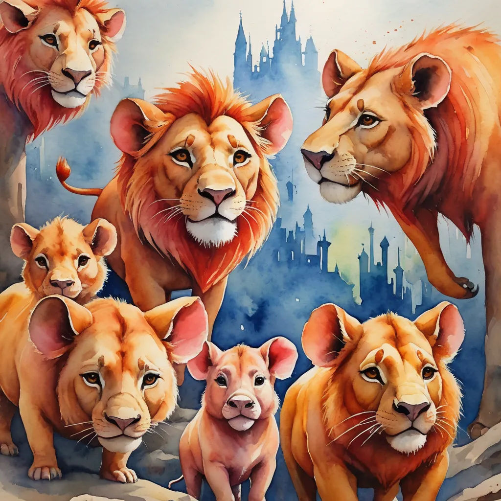 a painting of lions and lions in front of a castle with a sky background and a castle in the background, fantasy art, a watercolor painting, Chris LaBrooy, in gouache detailed paintings