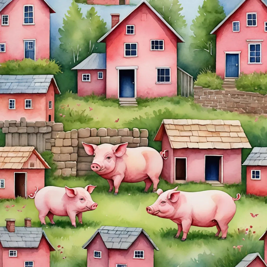 a painting of pigs in a field with houses and a fence in the background, with a pig in the foreground, folk art, a storybook illustration, Dan Mumford, storybook illustration