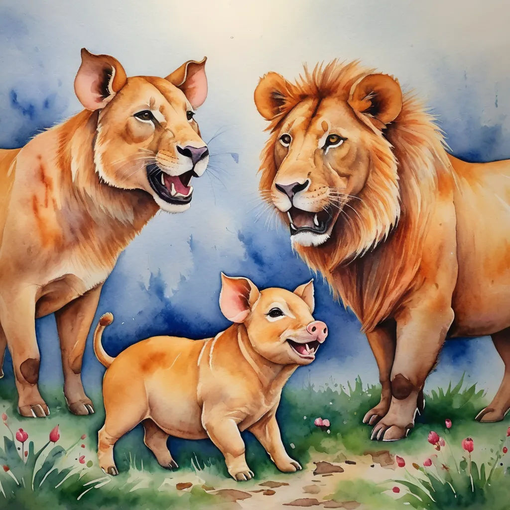 a painting of two lions and a pig on a blue background with flowers and grass and a sky background, sots art, a watercolor painting, David Boyd, in gouache detailed paintings