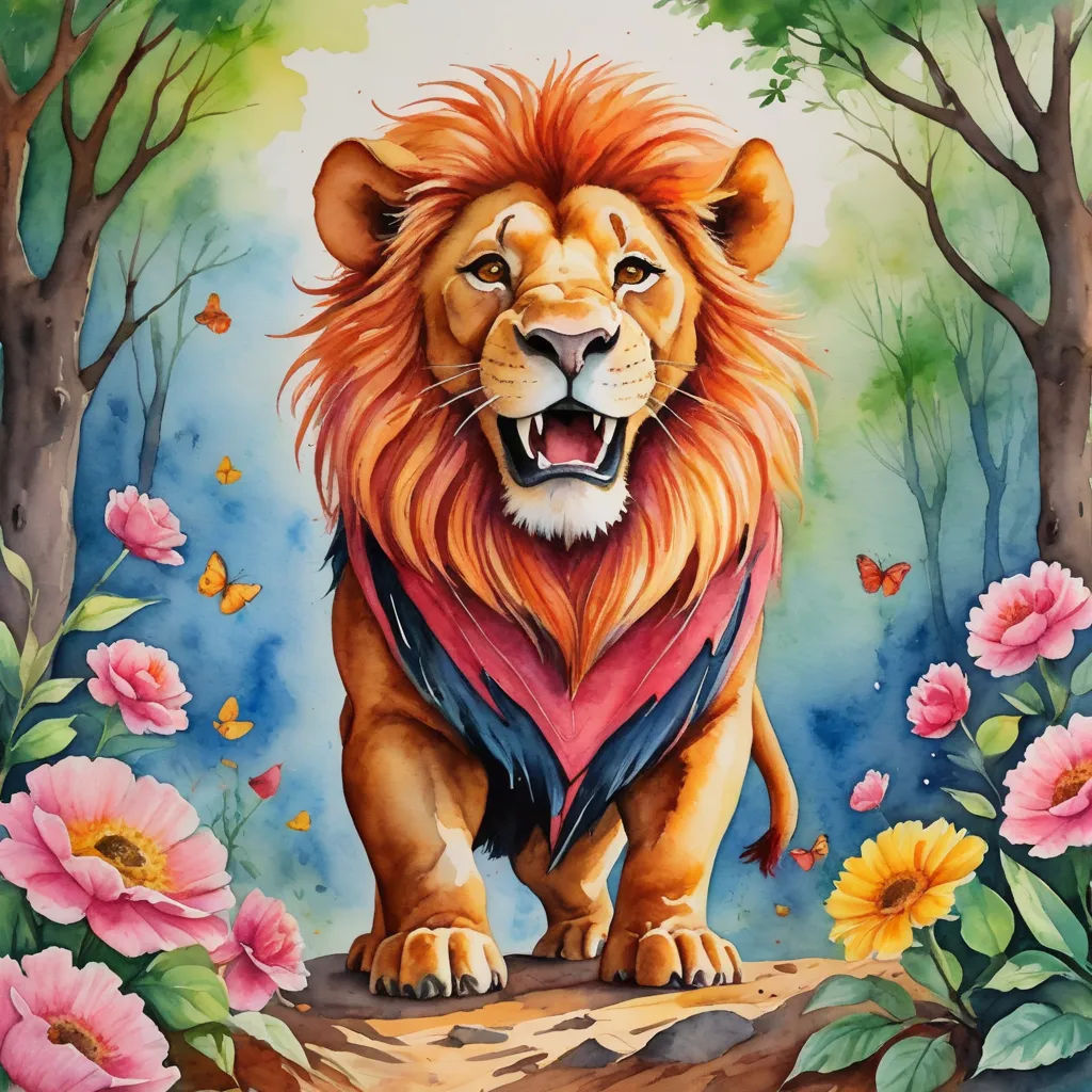 a painting of a lion with a heart on its chest and flowers around it's neck, with a forest background, fantasy art, a watercolor painting, Chris LaBrooy, in gouache detailed paintings