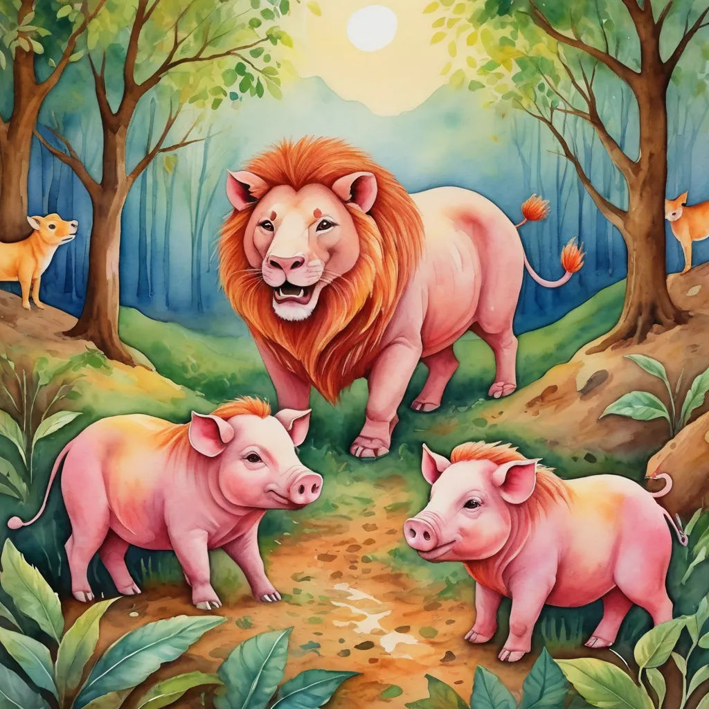 a painting of two pigs and a lion in a forest with trees and leaves on the ground and a lion on the ground, primitivism, a storybook illustration, David Young Cameron, storybook illustration