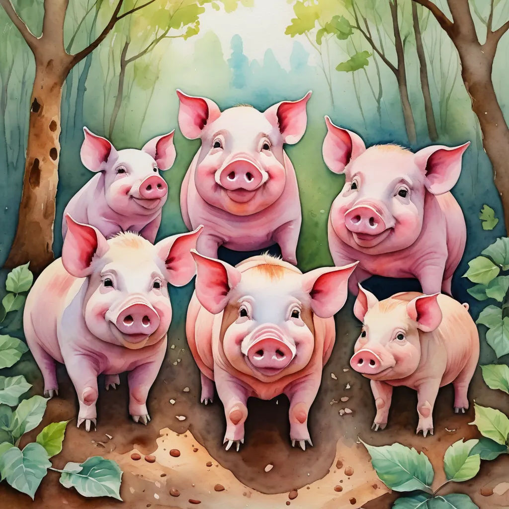 a painting of five pigs standing in a forest with leaves on the ground and a few of them looking at the camera, incoherents, a storybook illustration, Brian Despain, in gouache detailed paintings
