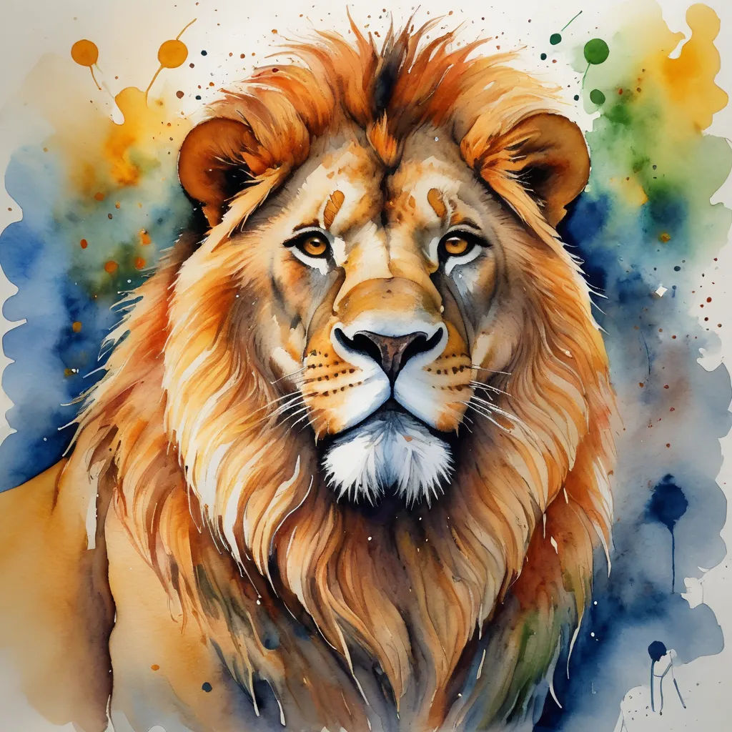 a painting of a lion with a watercolor effect of it's face and manes, with a blue background, lyco art, an airbrush painting, artist, highly detailed digital painting