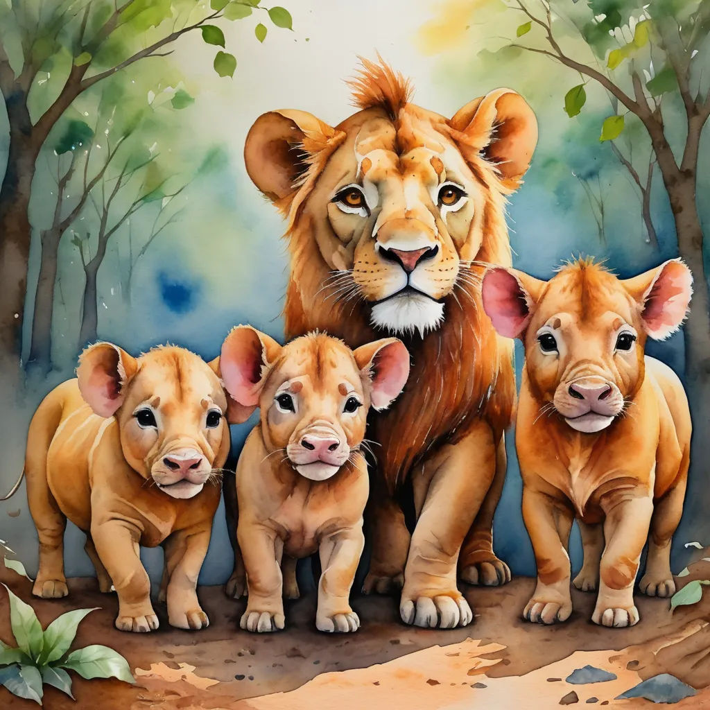 a painting of a lion family with a baby lion in the middle of the picture, with a lion cub in the middle, lyco art, a digital painting, Daniel Lieske, professional digital painting