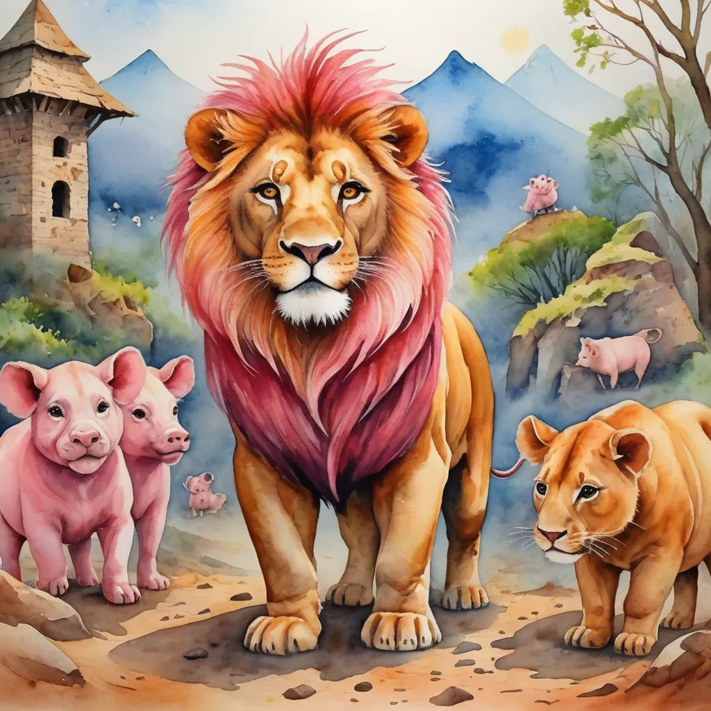 a painting of a lion and two pigs in a field with a castle in the background and a mountain in the background, pop surrealism, a storybook illustration, Daniel Merriam, storybook illustration