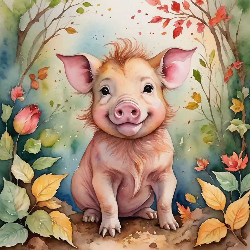 a pig is sitting in the leaves and flowers of a tree and has a big smile on its face, fantasy art, a watercolor painting, Elinor Proby Adams, in gouache detailed paintings