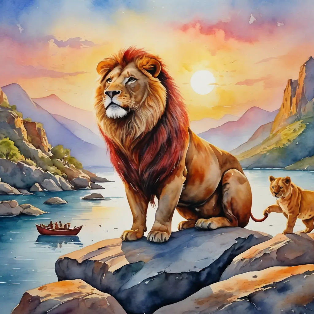 a painting of a lion and a cub on a rock by a river with a boat in the background, american scene painting, an airbrush painting, Brothers Hildebrandt, in gouache detailed paintings
