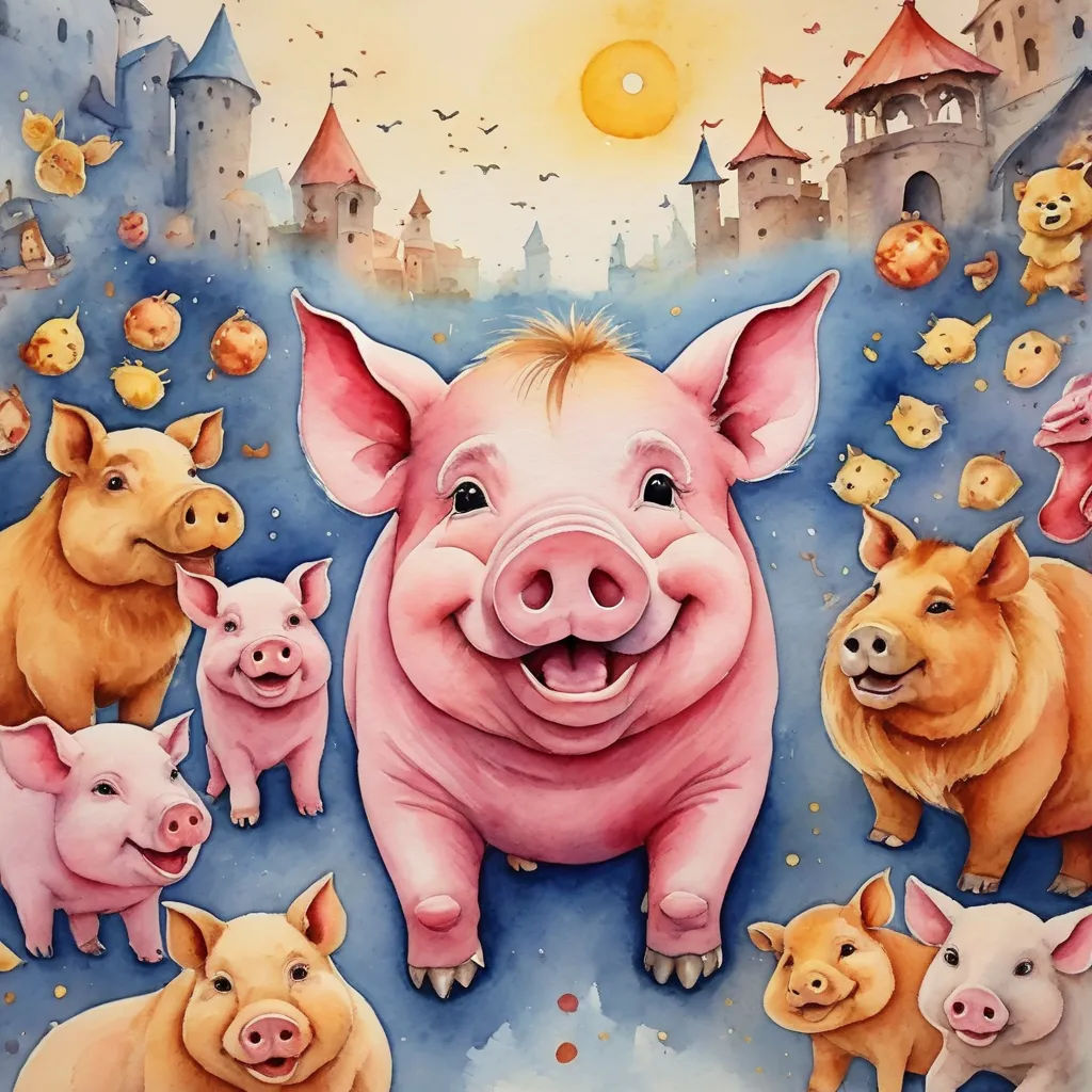 a painting of a pig surrounded by pigs in a field with a castle in the background and a sun in the sky, fantasy art, a storybook illustration, Florianne Becker, in gouache detailed paintings