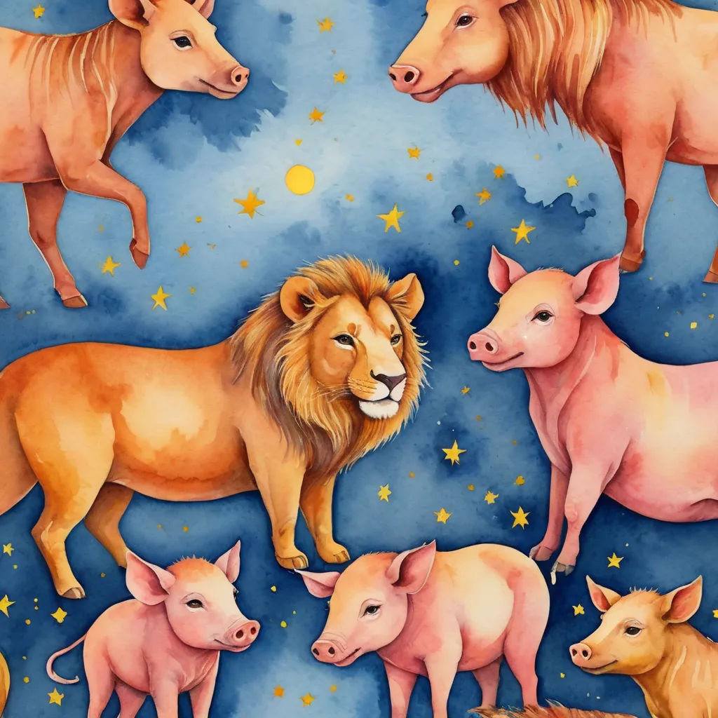 a painting of a lion, pig, and pig pig family in the sky with stars and clouds in the background, folk art, a storybook illustration, Florianne Becker, in gouache detailed paintings