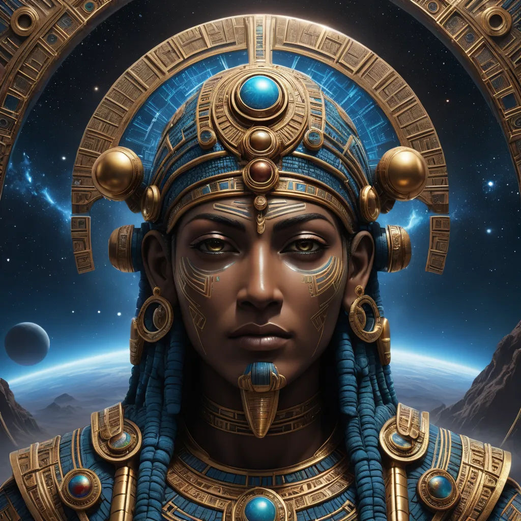 a digital painting of a woman with a headdress and a space background with planets and stars in the sky, afrofuturism, egyptian art, Donato Giancola, highly detailed digital painting