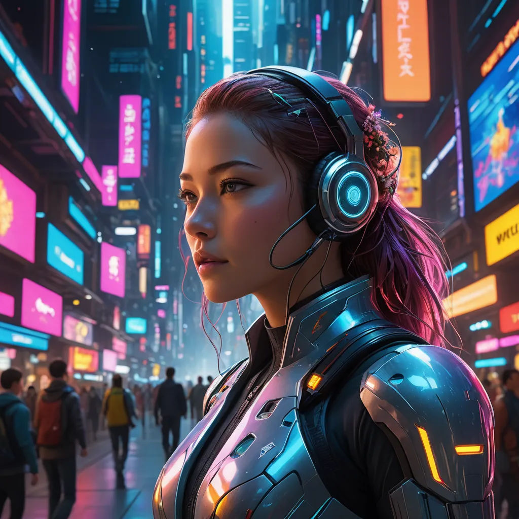 a woman in a futuristic city with headphones on her ears and a neon city background with neon signs, retrofuturism, cyberpunk art, Clint Cearley, rossdraws global illumination
