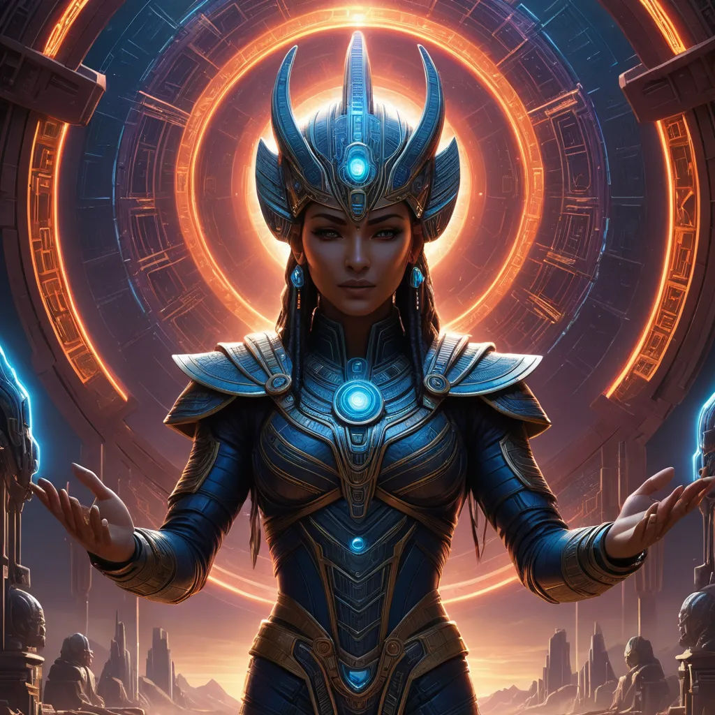 a woman in a futuristic suit with a glowing halo around her head and hands out in front of a circular background, fantasy art, concept art, Clint Cearley, magic the gathering artwork